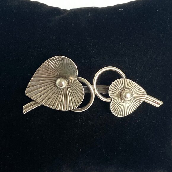 VTG 1950's Signed BEAU Sterling Silver Double Rayed Heart Leaf Foliage Brooch - Picture 8 of 16